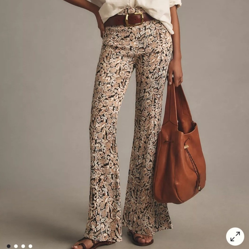 Anthropologie Satin Floral Paisley Brown Flare Pants Womens 10 Boho 70s Retro